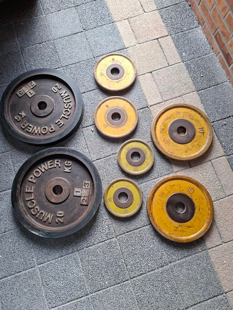 Olympische Halterset met Vintage Gewichten en Stang, Sport en Fitness, Fitnessmaterialen, Ophalen, Gebruikt, Halterset