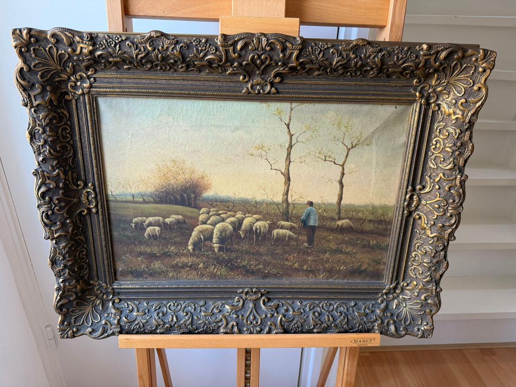Antiek olieverfschilderij met schapen en herder, Ophalen