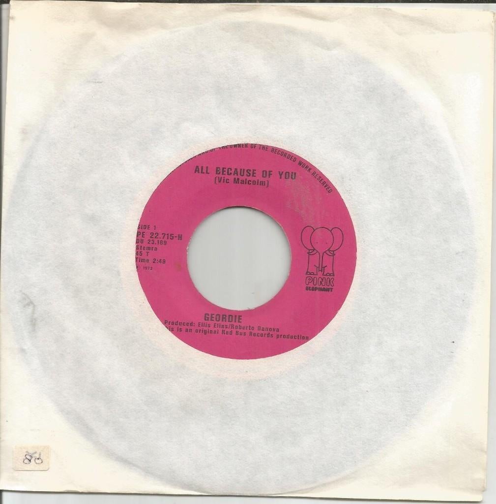 Geordie – All Because Of You (1973 WH), Cd's en Dvd's, Vinyl Singles, Gebruikt, Originele persing, 7 inch, Single