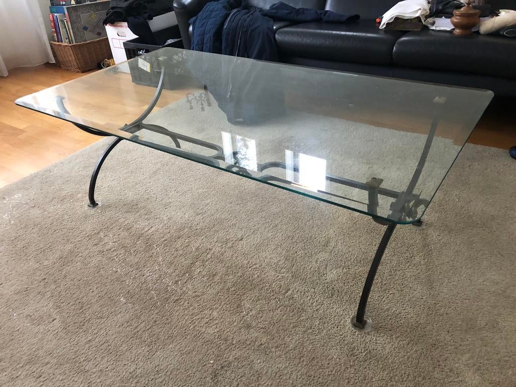 Smeedijzer salontafel met facet geslepen glazen blad, Ophalen, 100 tot 150 cm, 50 tot 100 cm, Zo goed als nieuw