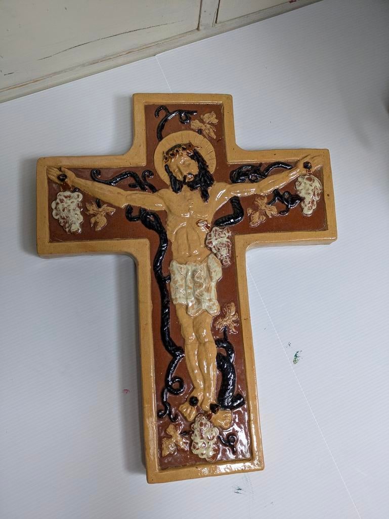 Pasen religieus kruisbeeld Jezus Christus glazuur antiek, Ophalen of Verzenden, Gebruikt, Beeld(je), Christendom | Katholiek