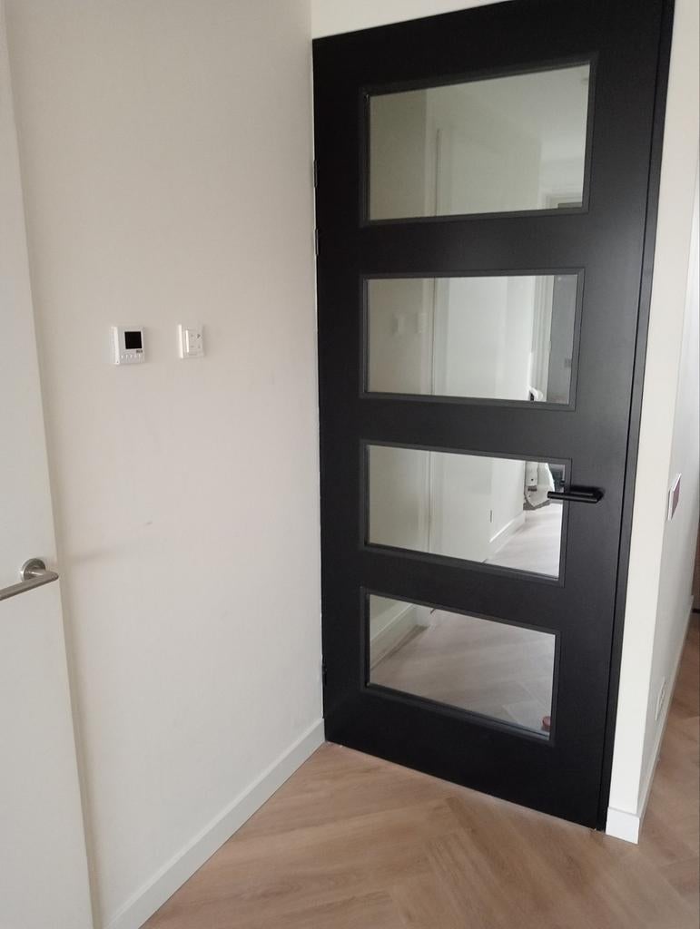 Zwarte deur met 4 glazen ramen, excl beslag, Ophalen, Gebruikt, 80 tot 100 cm, 215 cm of meer