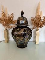 Vintage Zwarte Porseleinen Gemberpot met Pauwmotief, Ophalen