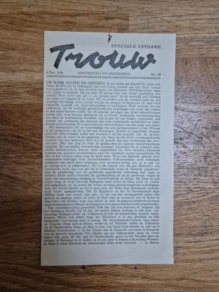 Wo2 illegale pers verzetskrant Trouw, 8 december 1944, Verzamelen, Ophalen of Verzenden, Nederland, Boek of Tijdschrift