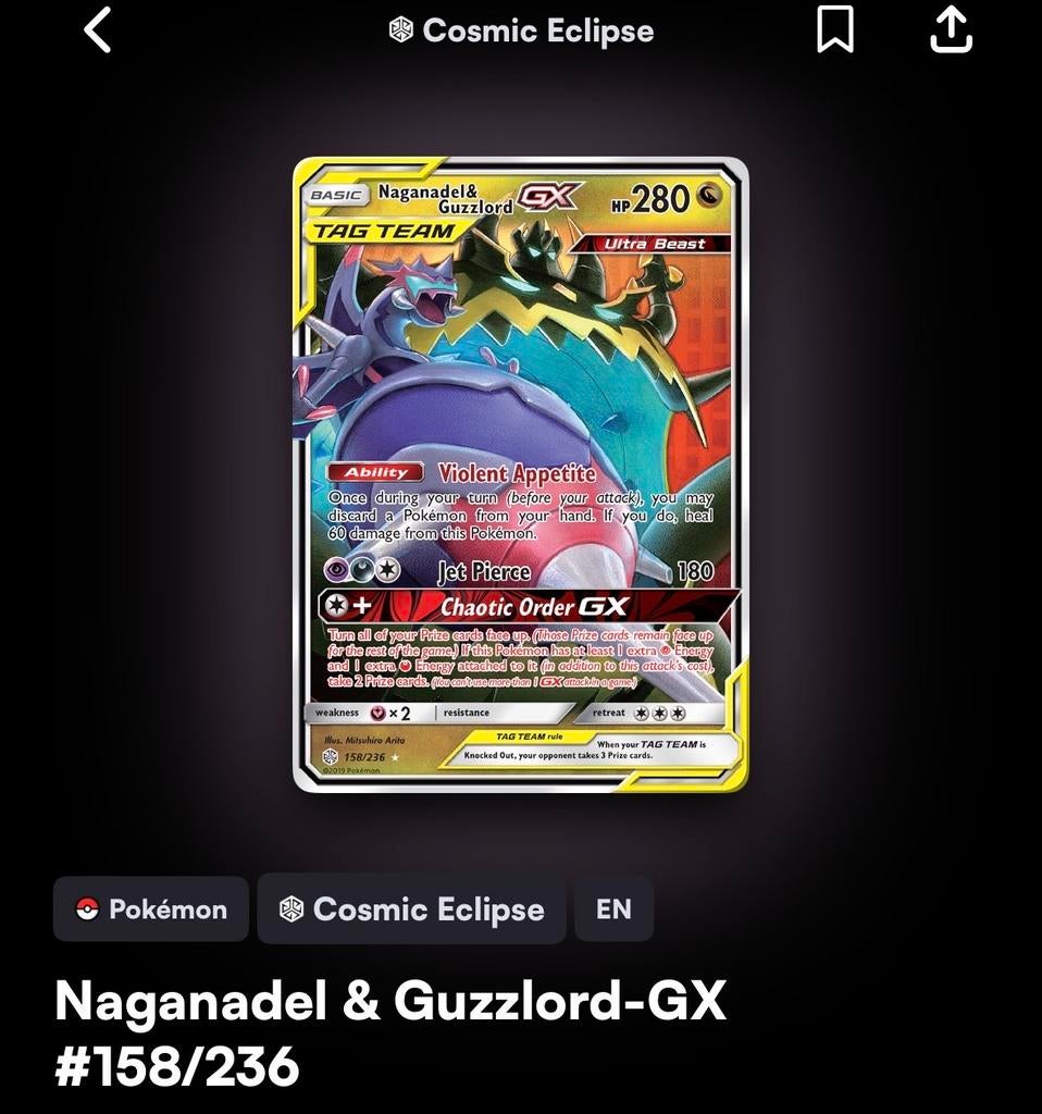 Pokémon Naganadel & Guzzlord-GX #158/236 Cosmic Eclipse, Ophalen of Verzenden, Nieuw, Losse kaart