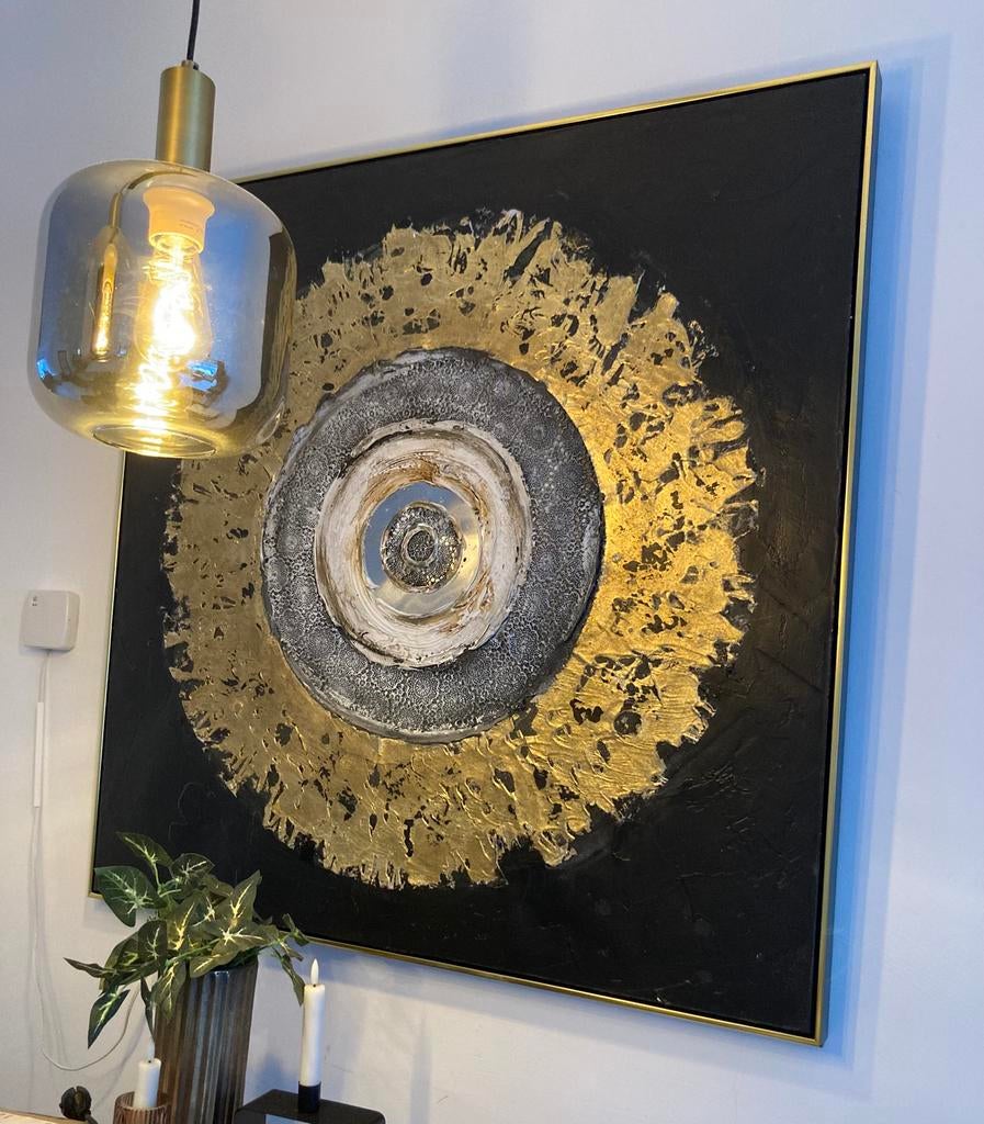 Schilderij PTMD 100 x 100 cm goud  zwart wit  gouden lijst., Ophalen, Zo goed als nieuw, Schilderij, 75 cm of meer