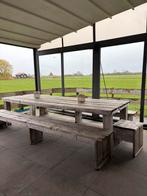 2 Steigerhouten tafels en 3 bierbanken, Ophalen, Gebruikt, Rechthoekig, Hout