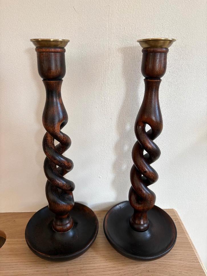 Set Antieke Engelse eikenhouten kandelaars ''Barley Twist'', Antiek en Kunst, Antiek | Kandelaars, Koper of Brons, Ophalen of Verzenden