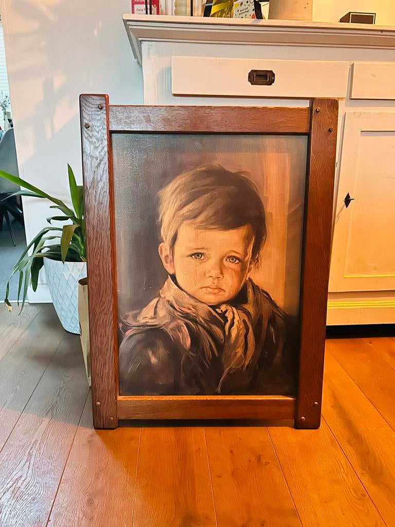 Vintage Schilderij Huilend Jongetje in Houten Lijst, Ophalen