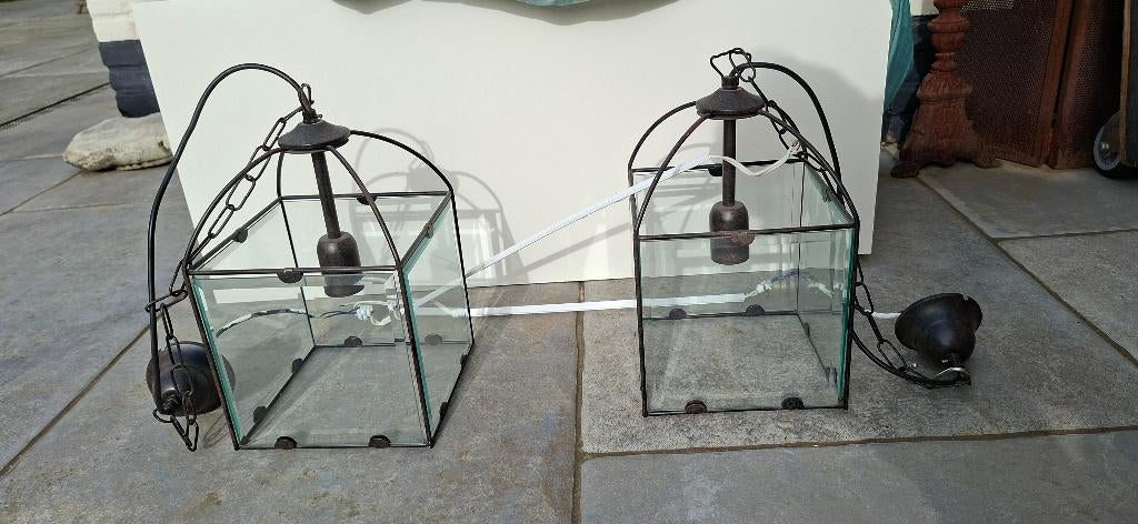 2 Hanglampen, Huis en Inrichting, Lampen | Hanglampen, Ophalen, Zo goed als nieuw, Glas, Past bij alle stijlen