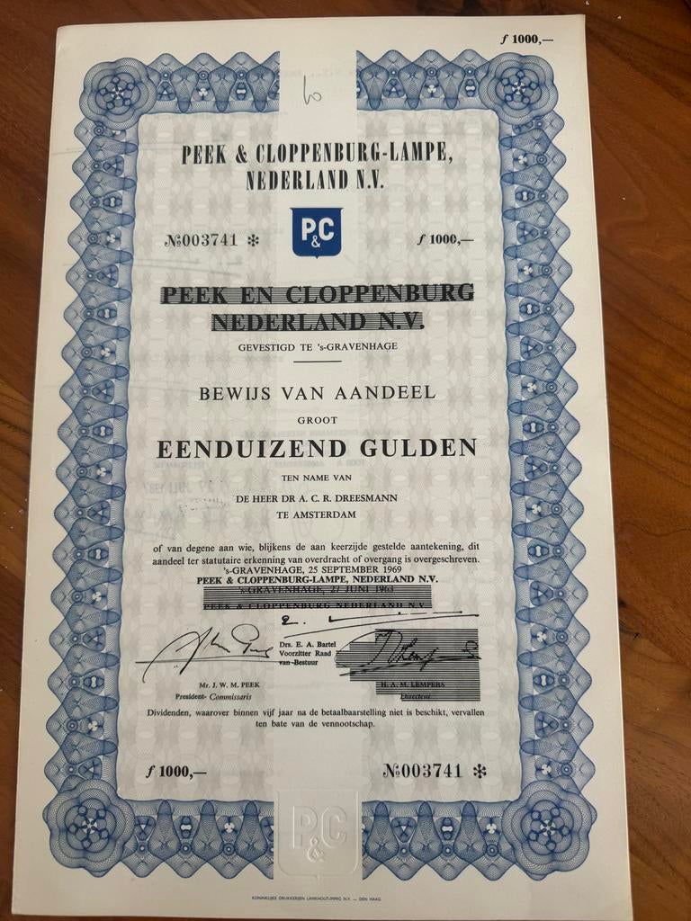 Peek en Cloppenburg Bewijs van Aandeel 1969 - 1000 Gulden, Postzegels en Munten, Aandelen en Waardepapieren, Ophalen of Verzenden