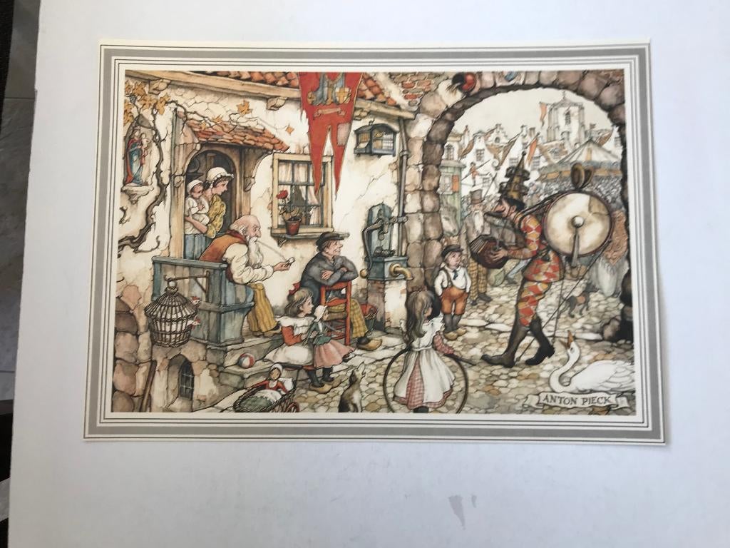 Anton Pieck prent Clown met een harmonica en Grote trom.etc., Verzamelen, Ophalen of Verzenden, Zo goed als nieuw, Voor 1940, Prent