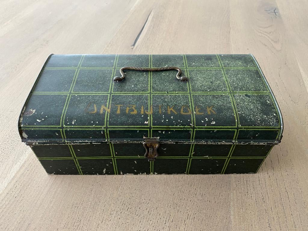 Ontbijtkoek blik groen met slotje en handvat, Ophalen of Verzenden, Gebruikt, Koek(jes), Overige merken