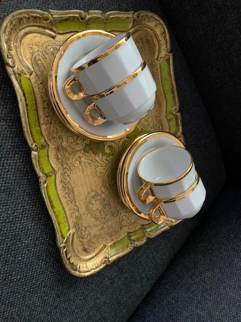 4 pillivuyt kop en schotels wit met gouden rand, Antiek en Kunst, Verzenden