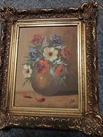 Oud schilderij stilleven van anemonen in vaas, Ophalen of Verzenden