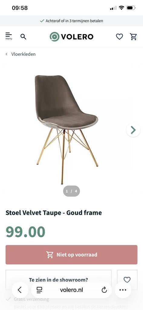 Eetkamer stoelen velvet stoel 4 stoelen taupe beige bruin, Ophalen, Bruin, Velvet, Zo goed als nieuw