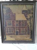 Oud schilderij van een huis in de sneeuw, Ophalen of Verzenden