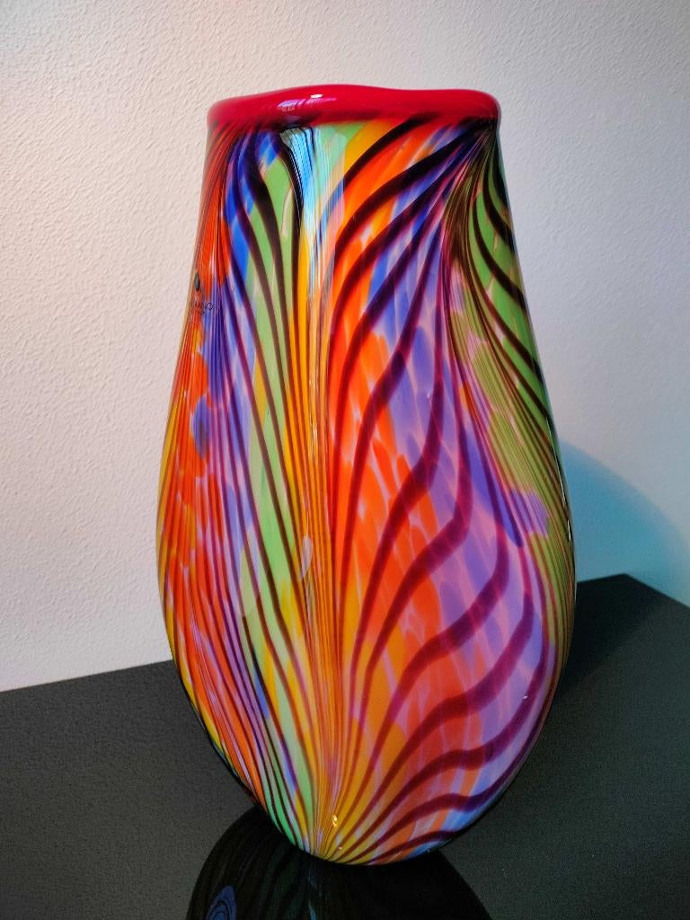 Italie Murano Vaas Veelkleurig Tijgermotief Bulbous 1985, Ophalen of Verzenden