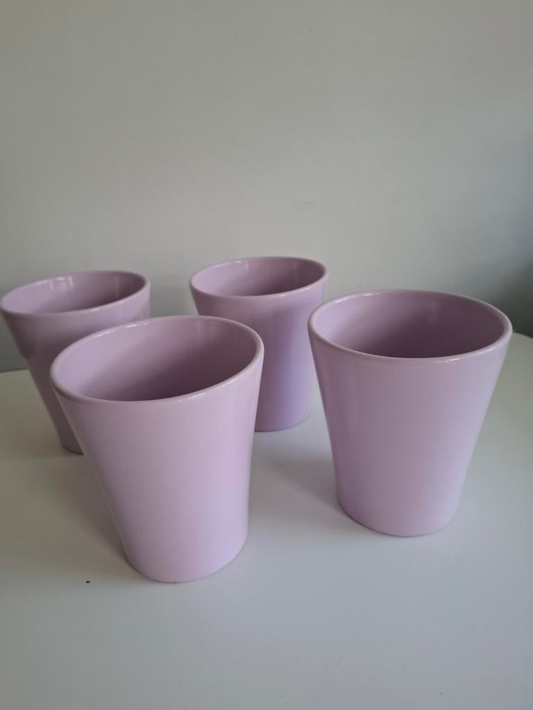 4 lila bloempotjes, Ophalen, Rond, Zo goed als nieuw, Aardewerk