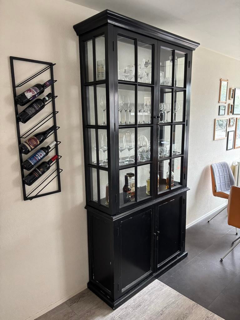 Zwarte Wijnkast / Vitrinekast met Glazen Deuren, Ophalen, Gebruikt, 50 tot 100 cm, 150 tot 200 cm