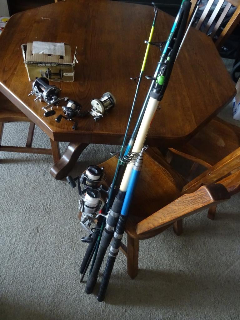 3x Zeevishengels, 2x vismolens en 3x reels., Ophalen, Gebruikt, Molen