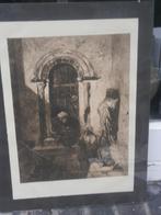 Achter een glasplaatje litho van een poortwachter op trap, Antiek en Kunst, Ophalen