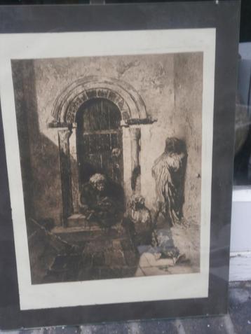 Achter een glasplaatje litho van een poortwachter op trap beschikbaar voor biedingen