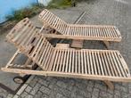 Teak Houten Ligbedden met Wielen - 2 stuks, Ophalen of Verzenden, Nieuw, Hout, Verstelbaar