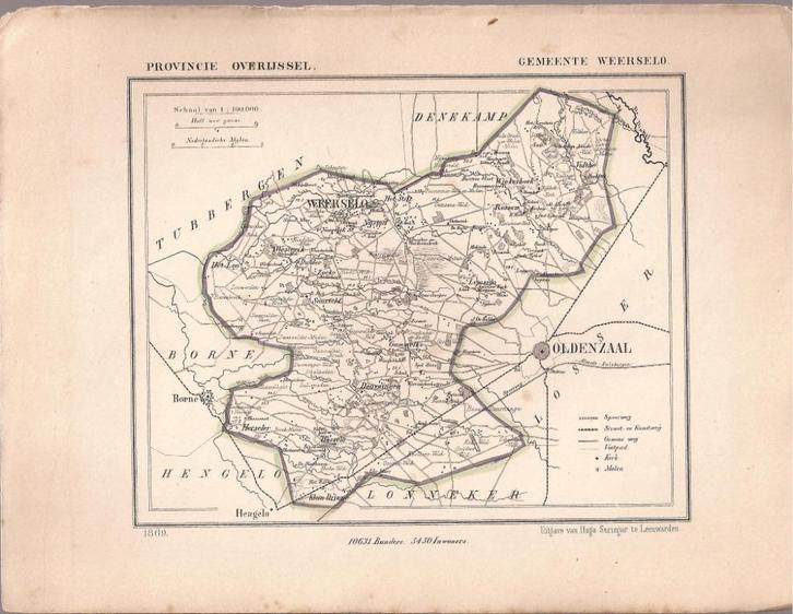 Gemeente Weerselo, Kuyper kaartje 1869, Antiek en Kunst, Kunst | Etsen en Gravures, Ophalen of Verzenden