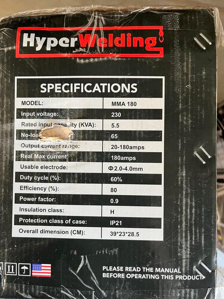 Hyper Welding MMA 180 Lasapparaat - Nieuw!, Doe-het-zelf en Verbouw, Gereedschap | Lasapparaten, Nieuw, Inverter, 150 tot 250 ampère