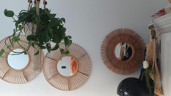3 Bamboe Riet Spiegels - Nieuwstaat, Huis en Inrichting, Woonaccessoires | Spiegels, Zo goed als nieuw, Minder dan 50 cm, Minder dan 100 cm