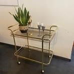 Vintage messing bar cart/serveerwagen met rookglas, Huis en Inrichting, Tafels | Bijzettafels, 60 cm of meer, Gebruikt, Rechthoekig