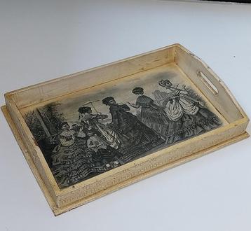 Brocant, doorleefd dienblad, afbeelding Victoriaans stijl beschikbaar voor biedingen