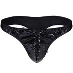 Zwarte kunstleren heren veter string / wetlook slip sexy, Verzenden, Zwart, Slip