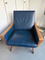 Vintage fauteuil met blauw leer, Ophalen, Gebruikt, Minder dan 75 cm, 50 tot 75 cm