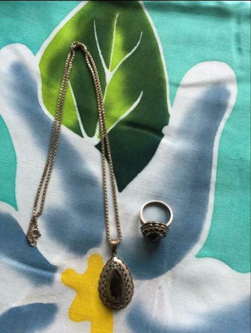 Antiek zilver ketting met granaat hanger en ring, Sieraden, Tassen en Uiterlijk, Kettingen, Zilver, Verzenden