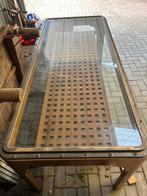 Tafel teak met glasplaat en koper 1,95 x 85 cm en 78cm hoog, Ophalen