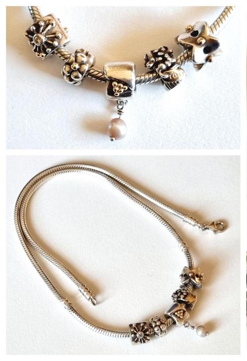 ZILVEREN PANDORA KETTING MET 5 BEDELS MET GOUDACCENTEN, Sieraden, Tassen en Uiterlijk, Kettingen, Zilver, Met strass, Ophalen
