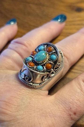 Maat 19 - Zilveren (925) NAVAJO ring BLOEDKORAAL en TURKOOIS beschikbaar voor biedingen