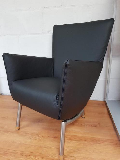 Label Foxxy fauteuil refurbished nieuw leder Nero / Black, Huis en Inrichting, Fauteuils, Nieuw, Hout, Leer, Metaal, 75 tot 100 cm