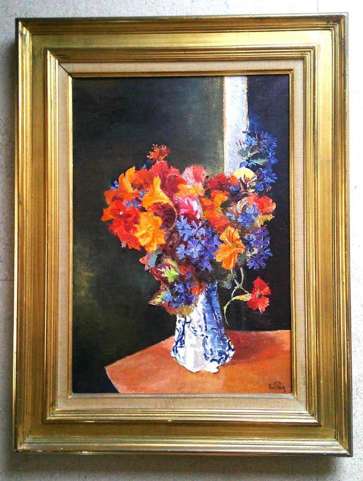 Bloemboeket in vaas 1980 - gesigneerd SUTTER, Antiek en Kunst, Kunst | Schilderijen | Klassiek, Ophalen of Verzenden