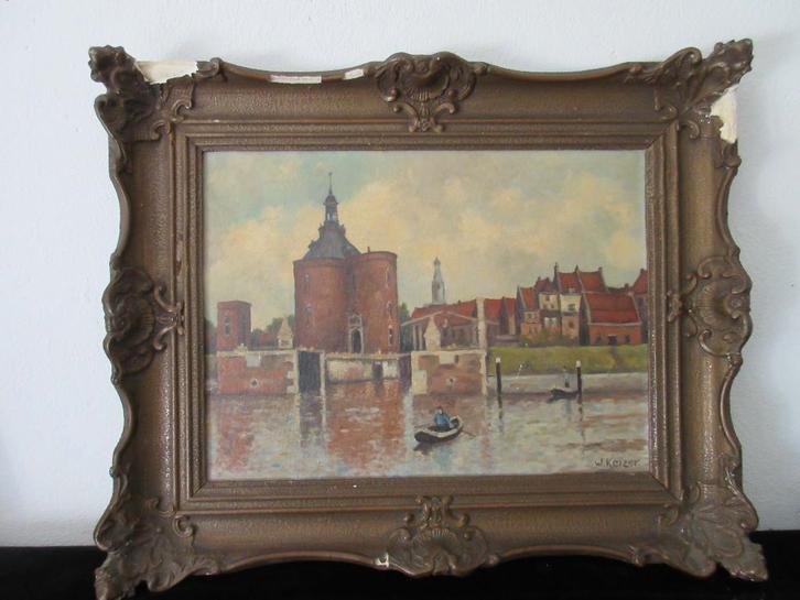 olieverf schilderij van de haven van Enkhuizen, W. Keizer., Antiek en Kunst, Kunst | Schilderijen | Klassiek, Ophalen of Verzenden