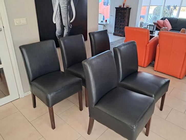 5 eetkamerstoelen, antraciet, leder, kwaliteit, Huis en Inrichting, Stoelen, Gebruikt, Vijf, Zes of meer stoelen, Hout, Leer, Grijs