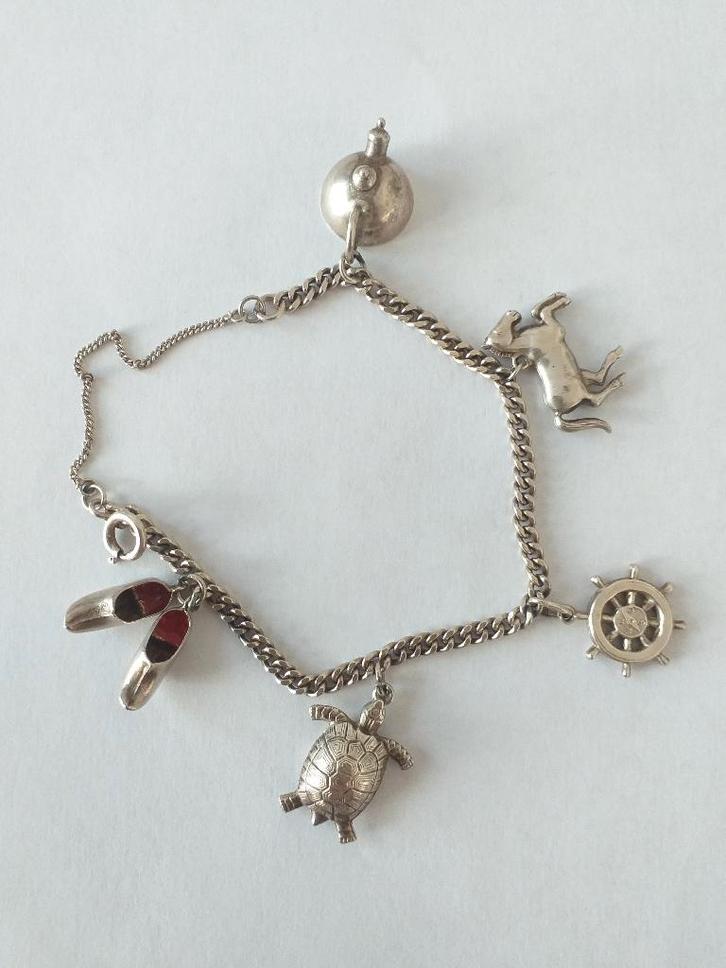 Zilveren vintage bedelarmband, Sieraden, Tassen en Uiterlijk, Armbanden, Zo goed als nieuw, Zilver, Zilver, Met bedels of kralen