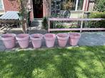 Zes roze bloempotten, Kunststof, Gebruikt, Balkon, Rond