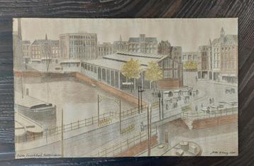 Oude potloodtekening uit 1940 van de oude Vischhal Rotterdam beschikbaar voor biedingen