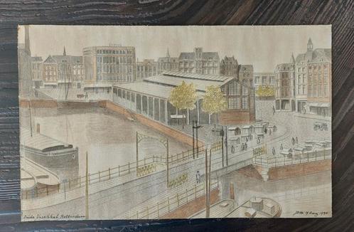 Oude potloodtekening uit 1940 van de oude Vischhal Rotterdam, Antiek en Kunst, Kunst | Tekeningen en Foto's, Ophalen of Verzenden