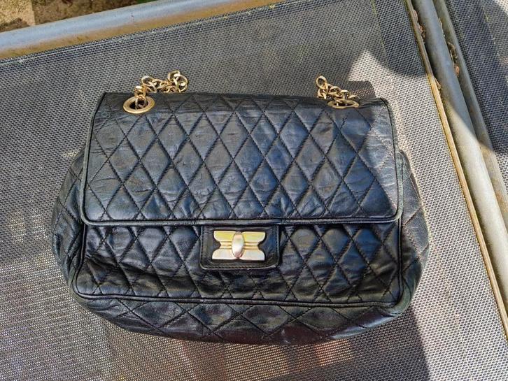 Prachtige vintage dubbel flapbag echt leer zwart goud, Sieraden, Tassen en Uiterlijk, Tassen | Damestassen, Gebruikt, Zwart, Ophalen of Verzenden