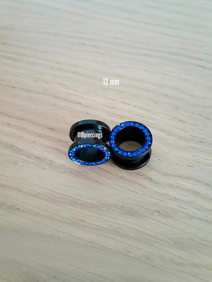 Nieuwe tunnels. Staal. Zwart. Blauwe steentjes. 4, 5, 6 - 16, Sieraden, Tassen en Uiterlijk, Piercings, Zo goed als nieuw, Oor- of Traguspiercing