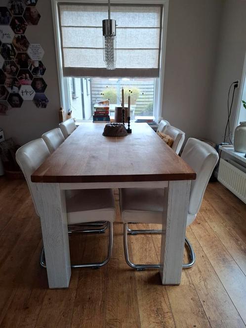Eettafel met 6 wit leren stoelen, Huis en Inrichting, Complete eetkamers, Gebruikt, Ophalen
